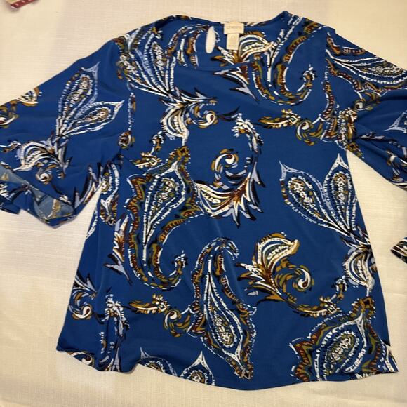 New Chico's Blue Paisley Flare Sleeve Round Neck Stretch Top XL - Picture 1 of 9